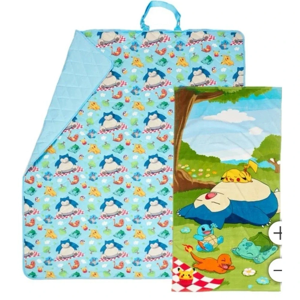 NEW Pokemon Outdoor Picnic Blanket & Beach Towel Set Zip‎ Closure Washable Gift